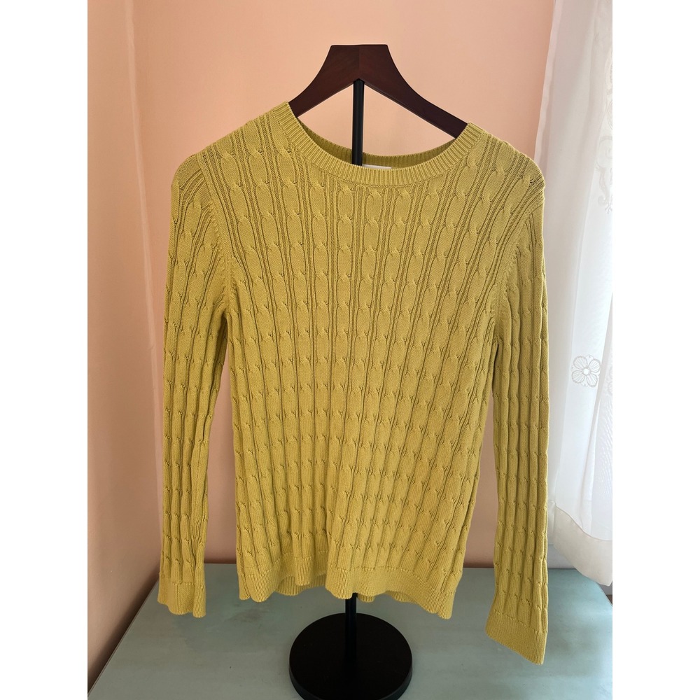 Kate Hill Cable Knit Sweater Crew Neck Cotton Blend Top Chartreuse M
